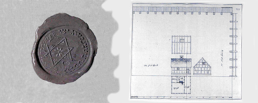 Siegel der Jüdischen Gemeinde Fürstenberg, 1808 & "Riß eines Wasch- und Todten-Häusgen" auf ihrem Friedhof, 1856