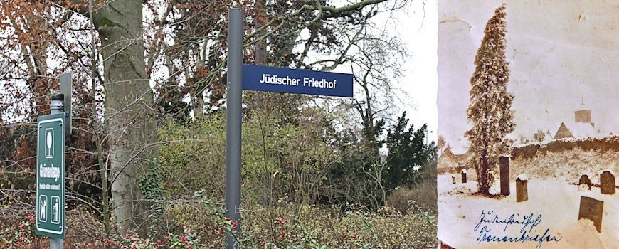 Wegweiser in Treuenbrietzen im Jahr 2022 und Sicht auf den "Judenfriedhof" 100 Jahre zuvor