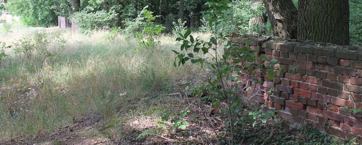 Zerstörte Mauer des abgeräumten Begräbnisfelds; im Hintergrund der restaurierte Bereich