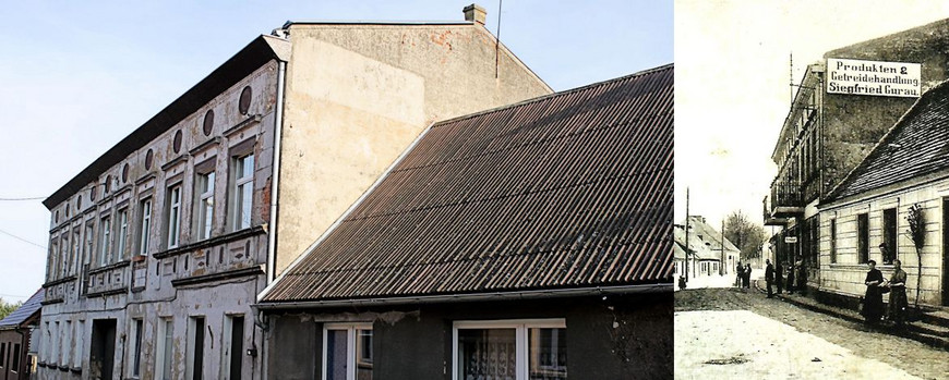 Geschäftshaus der Familie Gurau in Bledzew 2020 (links) und 1910-1920 (rechts)