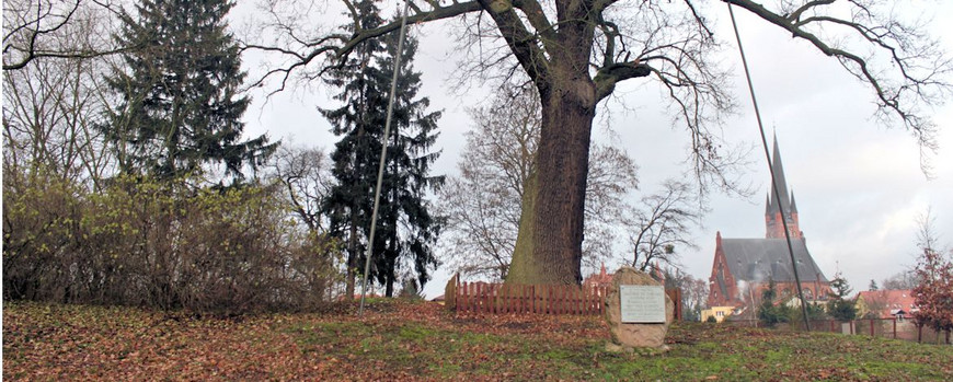 Gedenkstein auf dem Jüdischen Friedhof in Drezdenko mit der Parafia-Kirche im Hintergrund