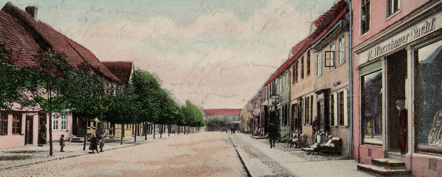 Große Straße in Wilsnack mit dem Textil-Geschäft von Michael Warschauer Nachf.